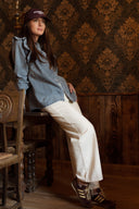 Chemise en jean femme bleu délavé avec volants aux épaules Sofia