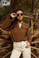 Chemise kaki femme hiver brodée manches longues béryl