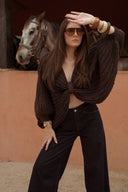 Pull noeud marron femme Pablo grosse maille laine chaud hiver tendance