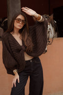 Pull noeud marron femme Pablo grosse maille laine chaud hiver tendance