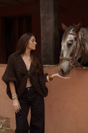 Pull noeud marron femme Pablo grosse maille laine chaud hiver tendance