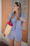 Ensemble femme été short et blouse vichy bleu ciel Bonjo