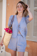 Ensemble femme été short et blouse vichy bleu ciel Bonjo