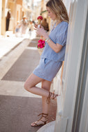 Ensemble femme été short et blouse vichy bleu ciel Bonjo