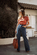 Jean taille haute à pinces évasé bleu femme Senzo