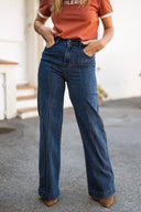 Jean taille haute à pinces évasé bleu femme Senzo