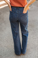 Jean taille haute à pinces évasé bleu femme Senzo