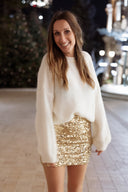 Jupe courte droite femme de soirée fête de Noel sequins dorés Iris