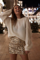 Jupe courte droite femme de soirée fête de Noel sequins dorés Iris