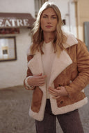 Manteau en peau camel suédine et rousse fourrure écru femme hiver chaud Leone