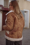 Manteau en peau camel suédine et rousse fourrure écru femme hiver chaud Leone