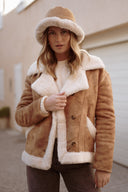 Manteau en peau camel suédine et rousse fourrure écru femme hiver chaud Leone