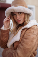 Manteau en peau camel suédine et rousse fourrure écru femme hiver chaud Leone