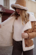 Manteau en peau camel suédine et rousse fourrure écru femme hiver chaud Leone