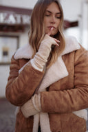 Manteau en peau camel suédine et rousse fourrure écru femme hiver chaud Leone