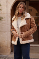 Manteau en peau camel suédine et rousse fourrure écru femme hiver chaud Leone