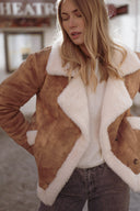 Manteau en peau camel suédine et rousse fourrure écru femme hiver chaud Leone