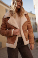 Manteau en peau camel suédine et rousse fourrure écru femme hiver chaud Leone