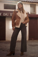 Manteau en peau camel suédine et rousse fourrure écru femme hiver chaud Leone