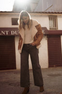 Manteau en peau camel suédine et rousse fourrure écru femme hiver chaud Leone