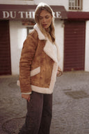 Manteau en peau camel suédine et rousse fourrure écru femme hiver chaud Leone