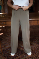 Pantalon de tailleur taille haute large femme kaki fluide fabriqué en Italie hiver Simon