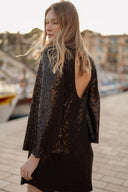 Robe courte noire fêtes paillettes made in France collab Lucie Bernardoni star Academy