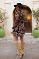 Robe courte hiver femme marron et noir avec volants et col montant Marthe