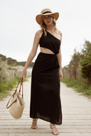 Robe longue en lin femme noire découpée été cérémonie Ninon