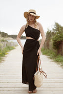 Robe longue en lin femme noire découpée été cérémonie Ninon