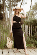 Robe longue en lin femme noire découpée été cérémonie Ninon