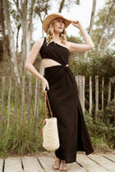 Robe longue en lin femme noire découpée été cérémonie Ninon