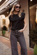 Tee-shirt épaulette noir femme avec strass Ariel