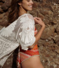 Maillot de bain femme une pièce en crochet orange et doré Donato