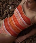 Maillot de bain femme une pièce en crochet orange et doré Donato