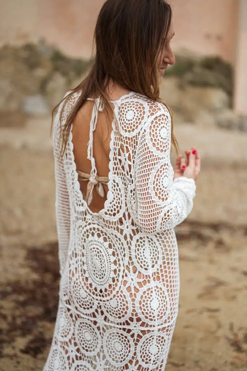 Robe longue de plage femme en crochet bohème blanc Philippine