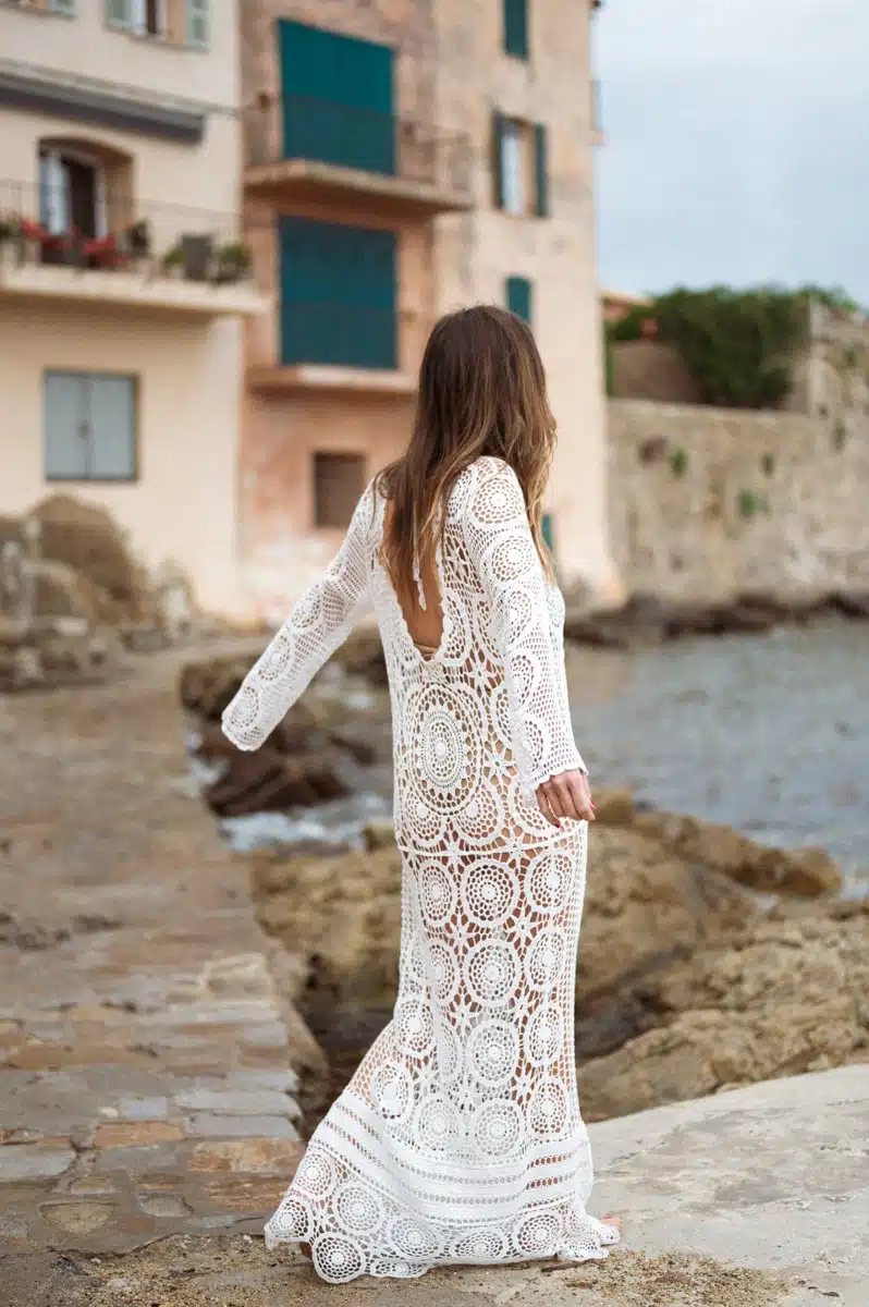 Robe longue de plage femme en crochet bohème blanc Philippine