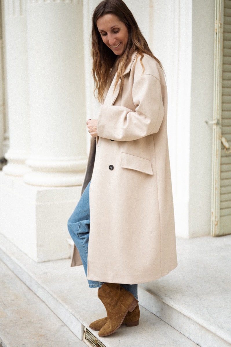 Manteau long beige oversize en laine chaud femme hiver