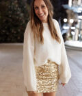 Jupe courte droite femme de soirée fête de Noel sequins dorés Iris