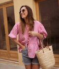 Blouse rayée fushia évasée péplum avec noeuds femme Frida