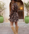 Robe courte hiver femme marron et noir avec volants et col montant Marthe