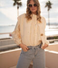 Chemise femme à petites fleurs jaune et beige brodée Marguerite