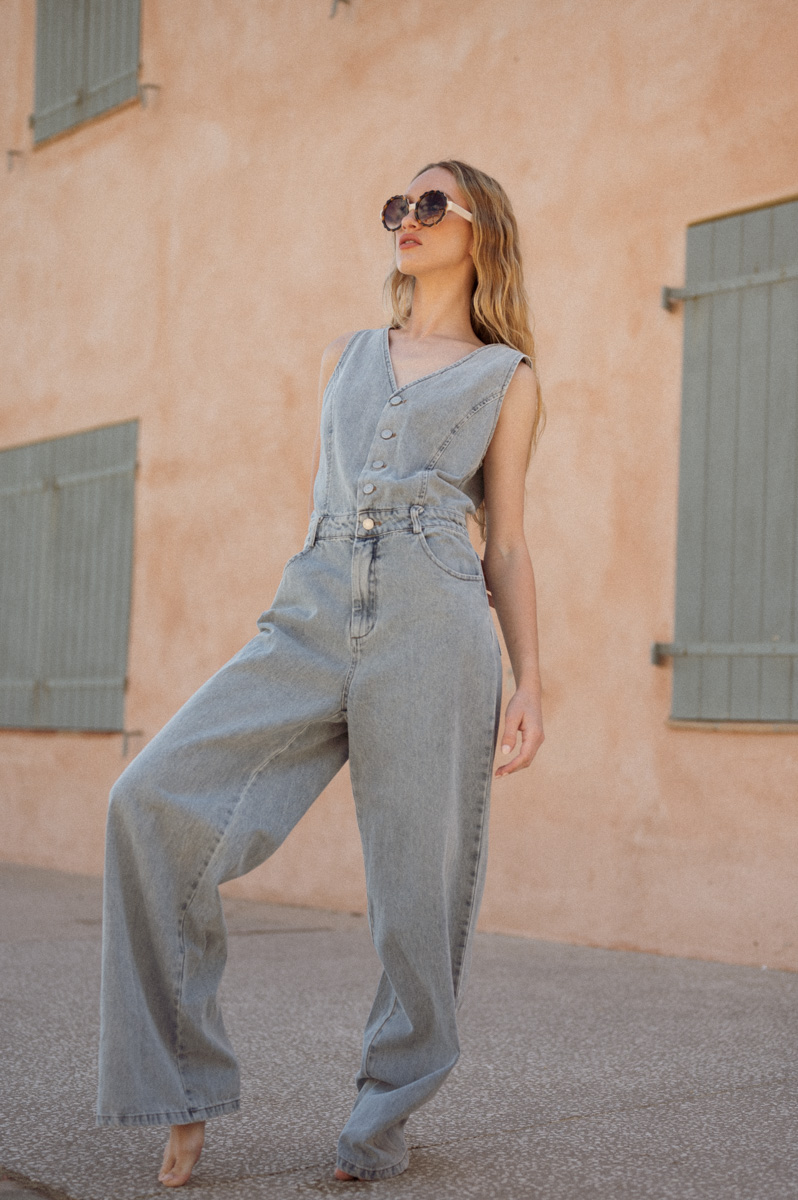 Salopette en jean femme été vintage souple bleu clair Salma