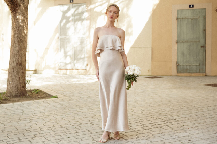 Robe longue bustier femme cérémonie été satin beige Garance