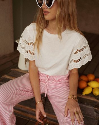 Pantalon été femme en coton rose et blanc rayé Léonce